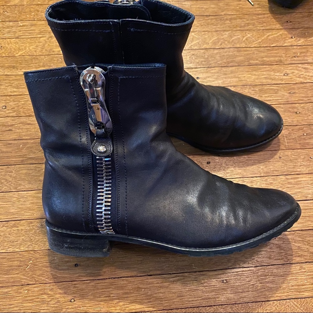 Stuart Weitzman Black Leather Ankle Boots with Silver Zipper
